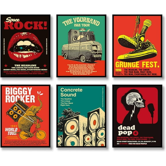 Rock Roll Wall Art Set of 6 Vintage Rock Festival Music Party Wall Decor Vinyl Records Store Musical Jazz Canvas Poster for Livingroom Bedroom Decoration (B, 8"x10" UNFRAMED)