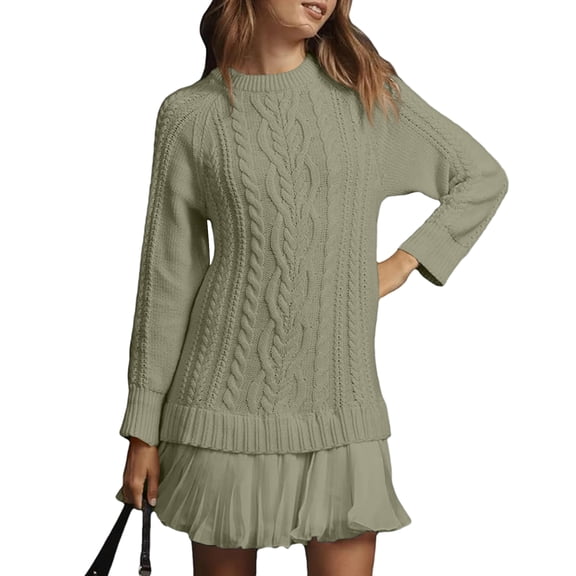 Mohiass Sweater Dress with Skirt,Cable Knit Sweater Dress,Womens Fall Casual Pleated Mini Twofer Style Patchwork Sweater Dresses Green 2XL