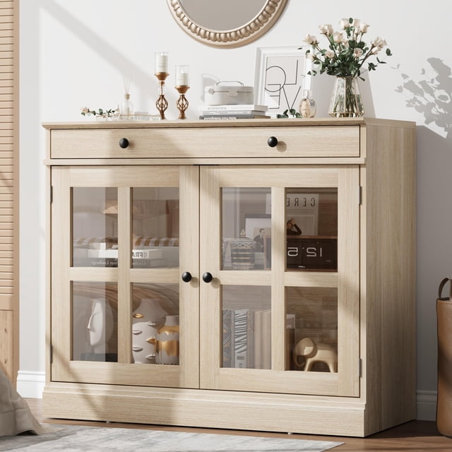Gaderth Sideboard Buffet Cabinet With Storage,Modern Sideboard Cabinet With Glass Door,Farmhouse Console Table,Buffet Table With Drawer,Kitchen Coffee Bar Wine Bar Cabinet For Hallway Entryway