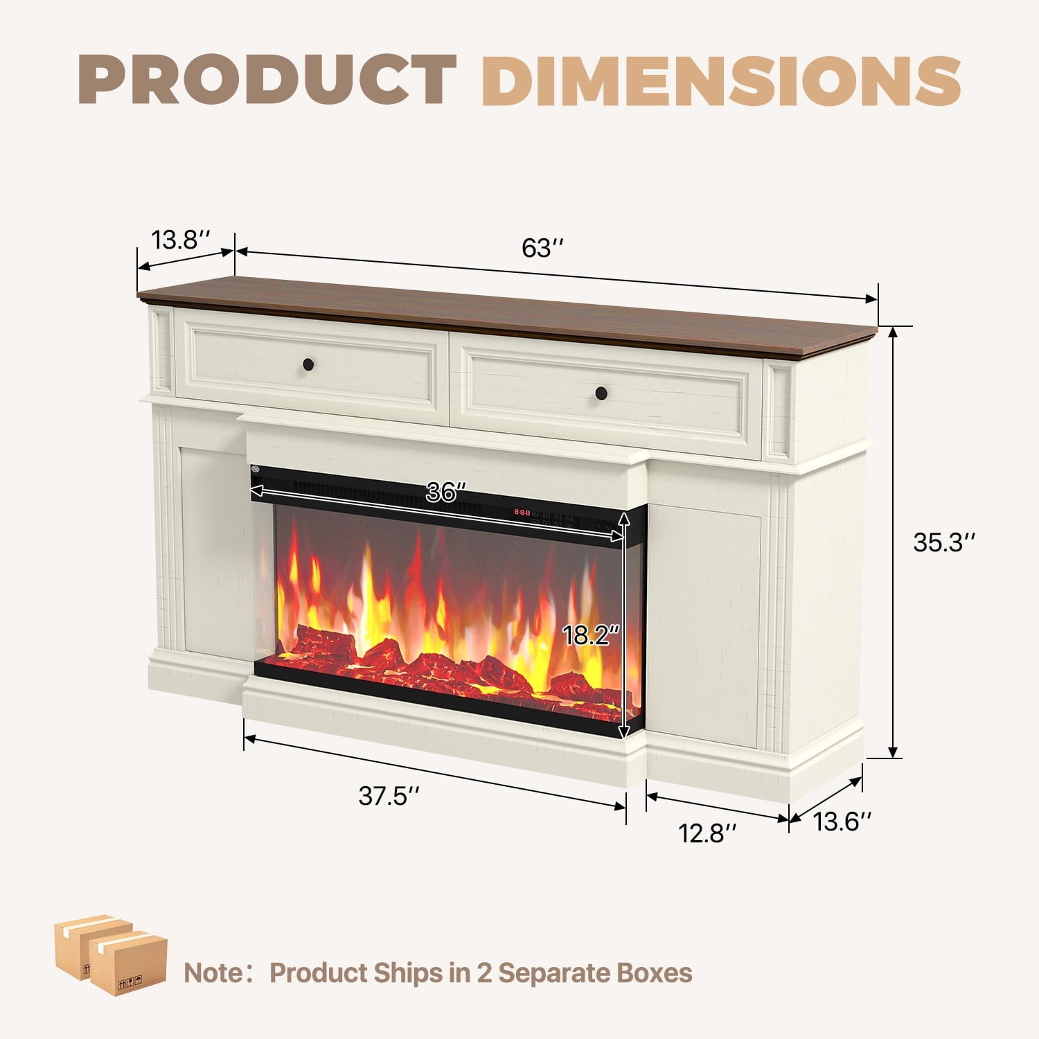 BaPiPro 63" Fireplace TV Stand for TVs up to 70", 36" Triple-Sided Electric Fireplace Entertainment Center, Vintage Farmhouse TV Console for Living Room, White