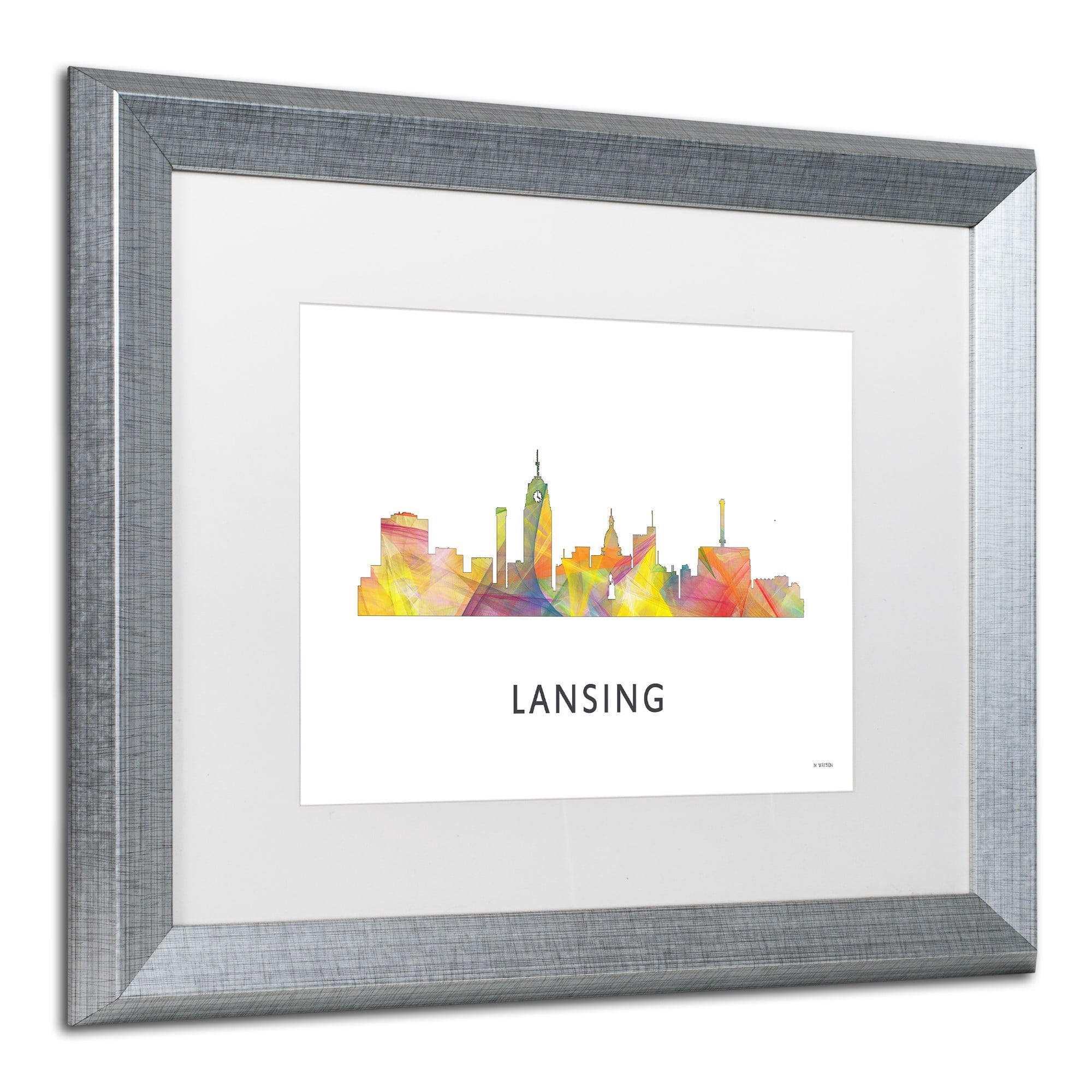 Trademark Fine Art 'Lansing Michigan Skyline WB-1' Canvas Art by Marlene Watson, White Matte, Silver Frame