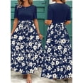 thumbnail image 3 of Navy Blue Floral Print Tiered Maxi Dress With Tie Waist And Short Sleeves For Women, 3 of 7