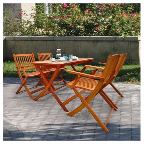 Foldable Patio Dining Set - 5 Piece Outdoor Furniture Set | Teak Folding Table & 4 Chairs | Indoor/Outdoor Universal Use | Space Saving Design