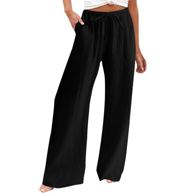 AherBiu Wide Leg Pants Woman Loose Casual Elastic Waist Drawstring Straight Solid Color Lounge Vacation Trousers