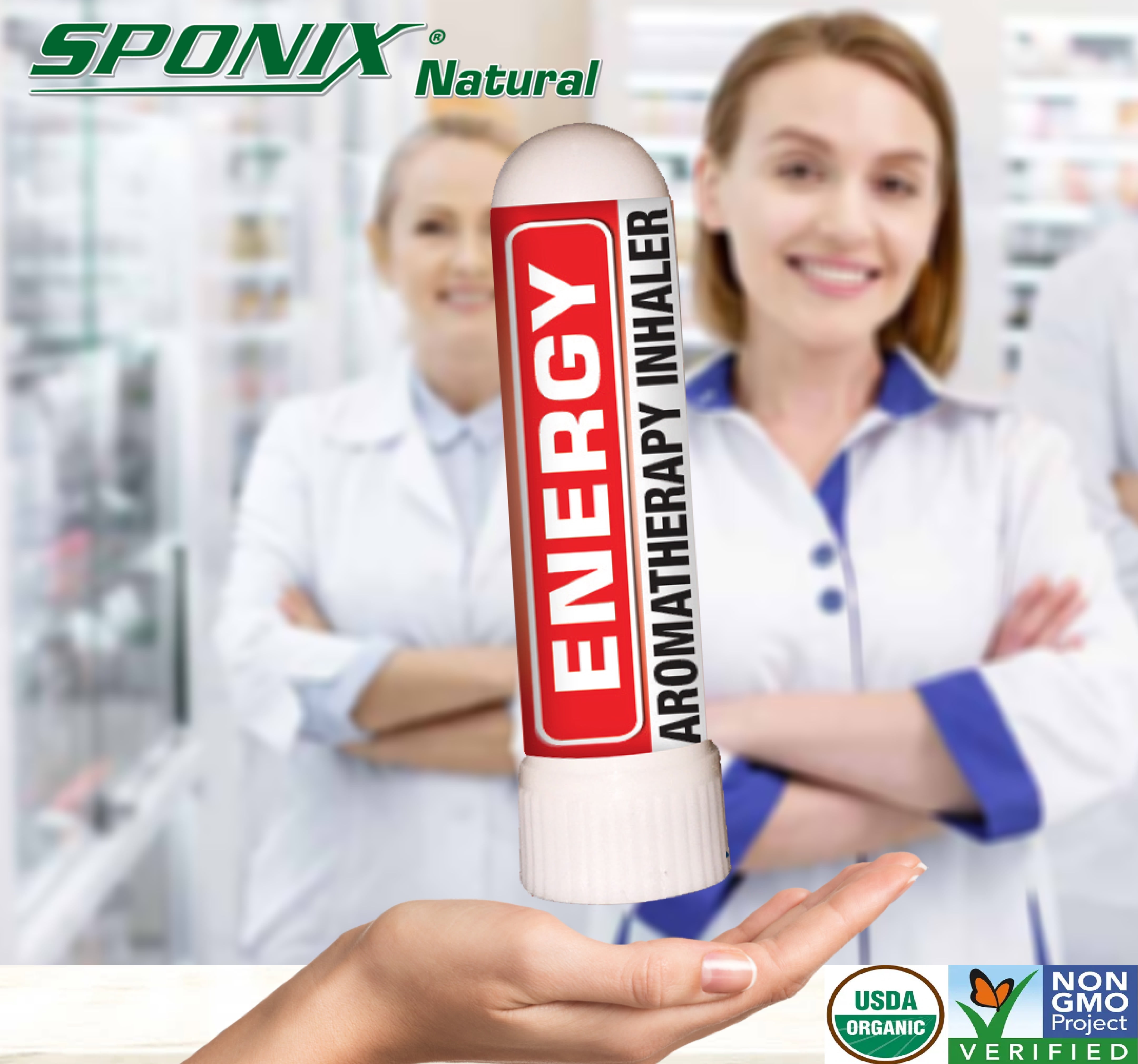 Nasal Inhaler Aromatherapy Energy - USDA Certified Organic - Made with 100% Pure - Therapeutic Grade Organic Essential Oils 0.7 mL by Sponix Made in USA