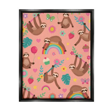 Stupell Industries Sloths Climbing Botanical Branches Whimsical Floral Pattern Graphic Art Jet Black Floating Framed Canvas Print Wall Art, Design by Lisa Perry Whitebutton