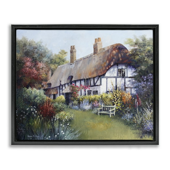 Stupell Industries Budding Cottage Garden Buildings & Architecture Painting Black Floater Framed Canvas Art Print Wall Art, 21 x 17
