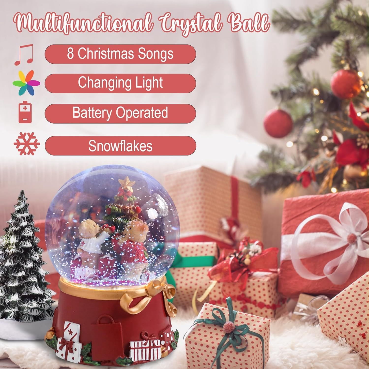 Christmas Snow Globes Gingerbread Man Village House in Cup Christmas Snow Globe with 8 Songs Color Changing Battery Operated Musical Box for Christmas Home Party Décor