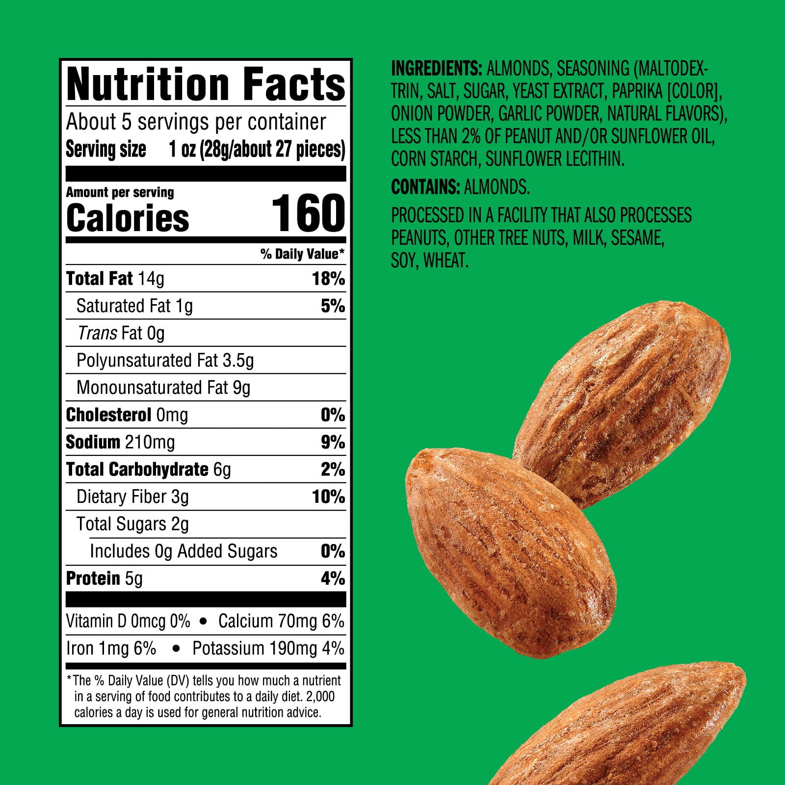 Emerald Dry Roasted Almonds, 5 oz Resealable Bag (Pack of 12)