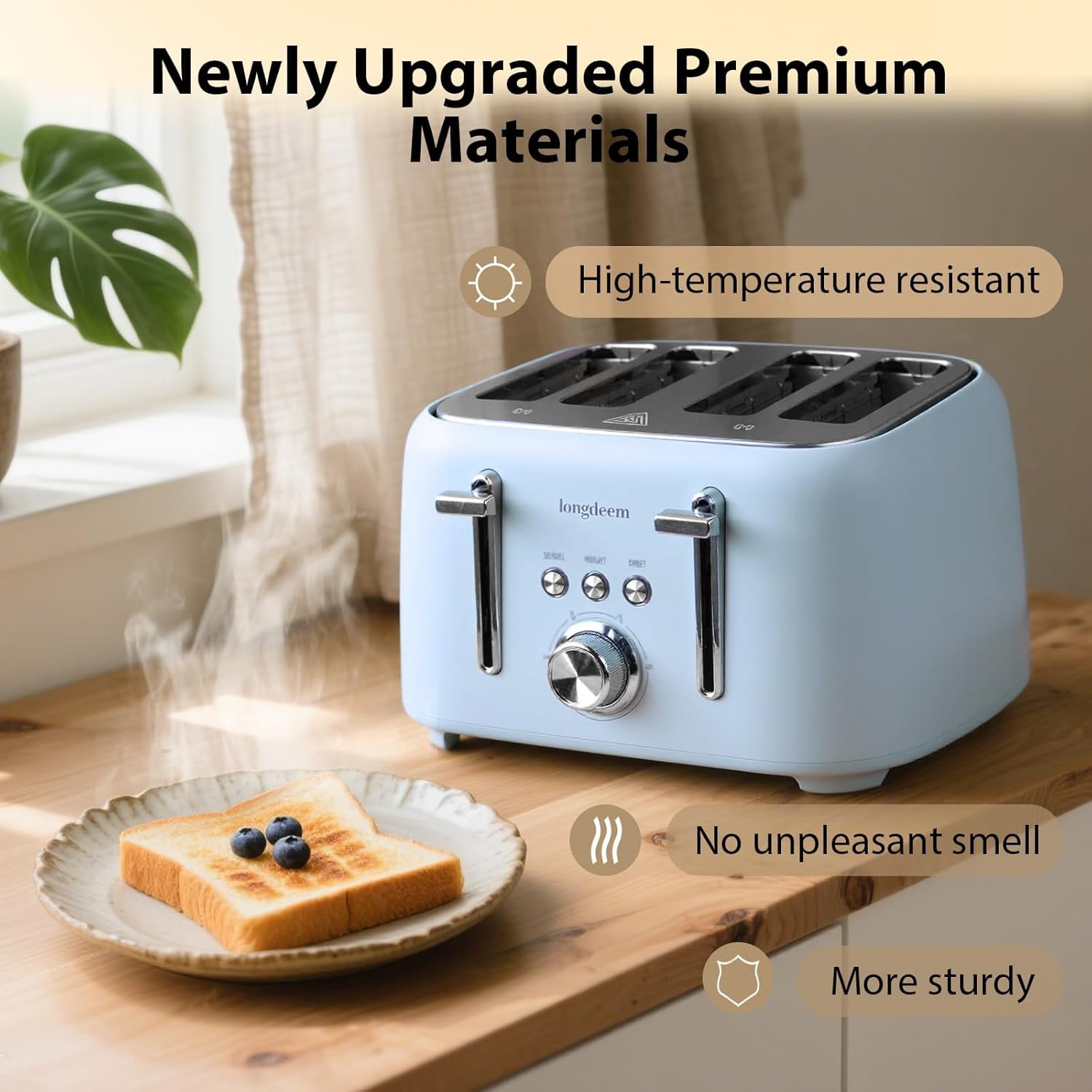 LONGDEEM 4-Slice Toaster Extra Wide Slot Stainless Steel - Removable Tray - Blue