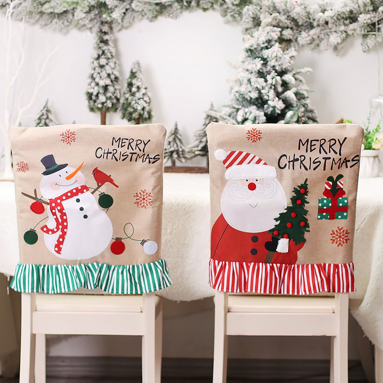 GROFRY Christmas Chair Cover Santa Claus Snowman Print Striped Hem Removable Reusable Washable Scene Layout Burlap Xmas Home Dining Chair Back