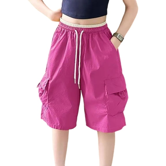 Girls Bermuda Cargo Shorts Kids Elastic Drawstring Waist Lightweight Loose Fit Mid Shorts with Pockets Summer Casual Streetwear Shorts(Hot Pink,15-16 Years)