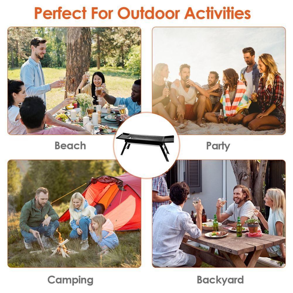 IVV Charcoal Grills Portable BBQ Griddle, Folding Kabob Barbecue with 2 Side Foldable Trays for Outdoor Hibachi BBQ Lamb Skewer Camping Barbecue Grill in Garden Backyard Party Picnic Travel (Black)