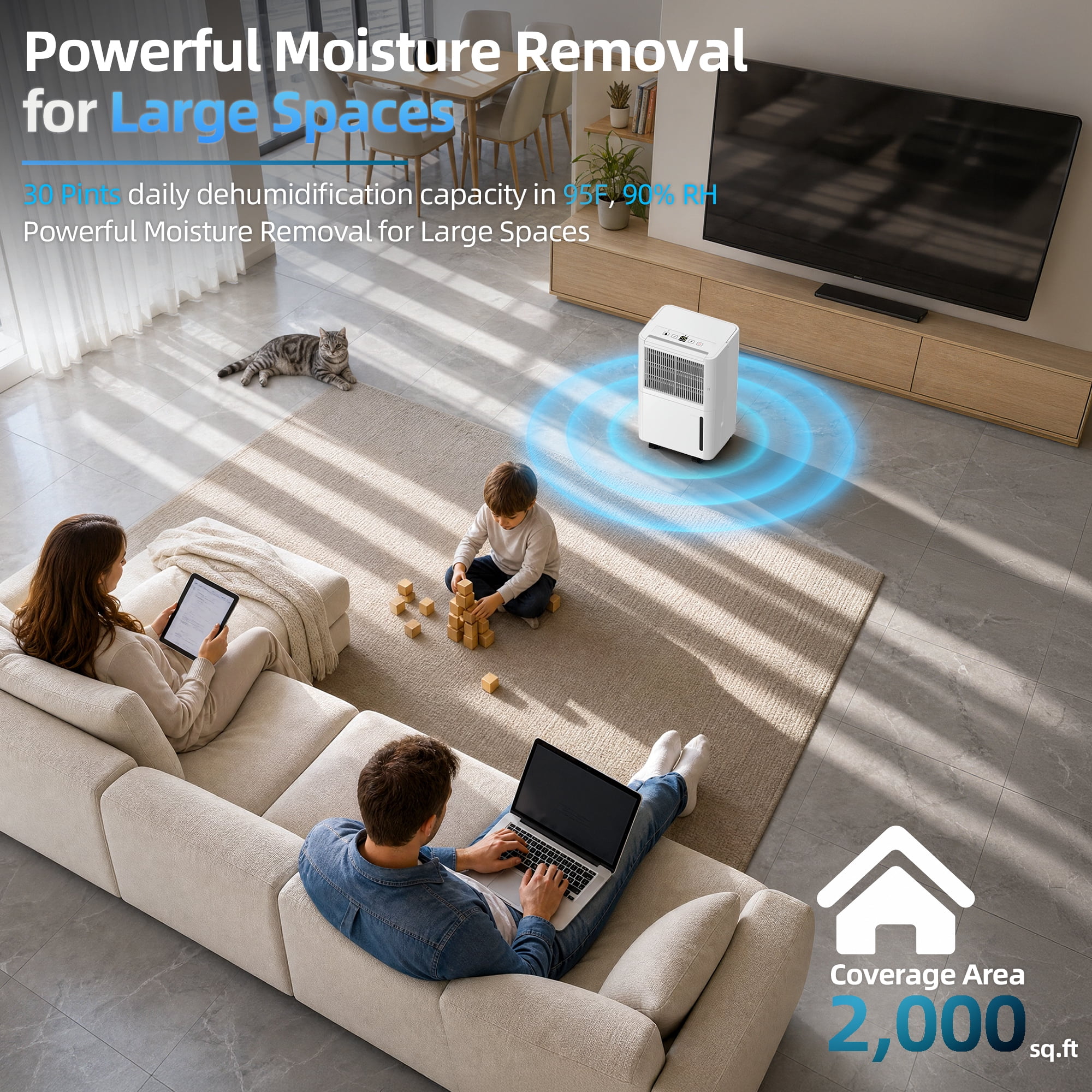 30 pt. 2000 sq.ft. Dehumidifier for Home with Bucket, Drain Hose in White, Auto-defrost