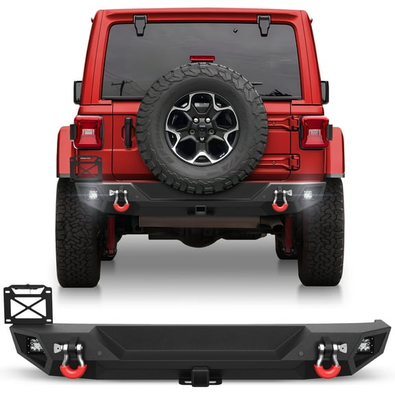 POFENZE Rear Bumper Compatible with Jeep Wrangler JL JLU 2019-2025 Full Width Rear Bumper with 2" Hitch Receiver LED Lights D-rings