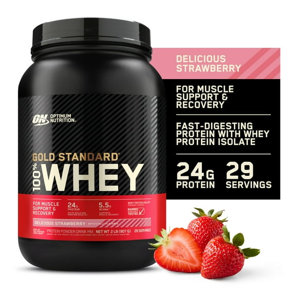 Optimum Nutrition Gold Standard 100% Whey Protein Powder, Strawberry, 24g Protein, 2 Lb