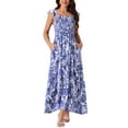 thumbnail image 2 of INSPIRE CHIC Women's Summer Boho Smocked Beach Dresses Square  Neck Sleeveless Ruffle Floral Flowy Maxi Sundress M Dark Blue, 2 of 5