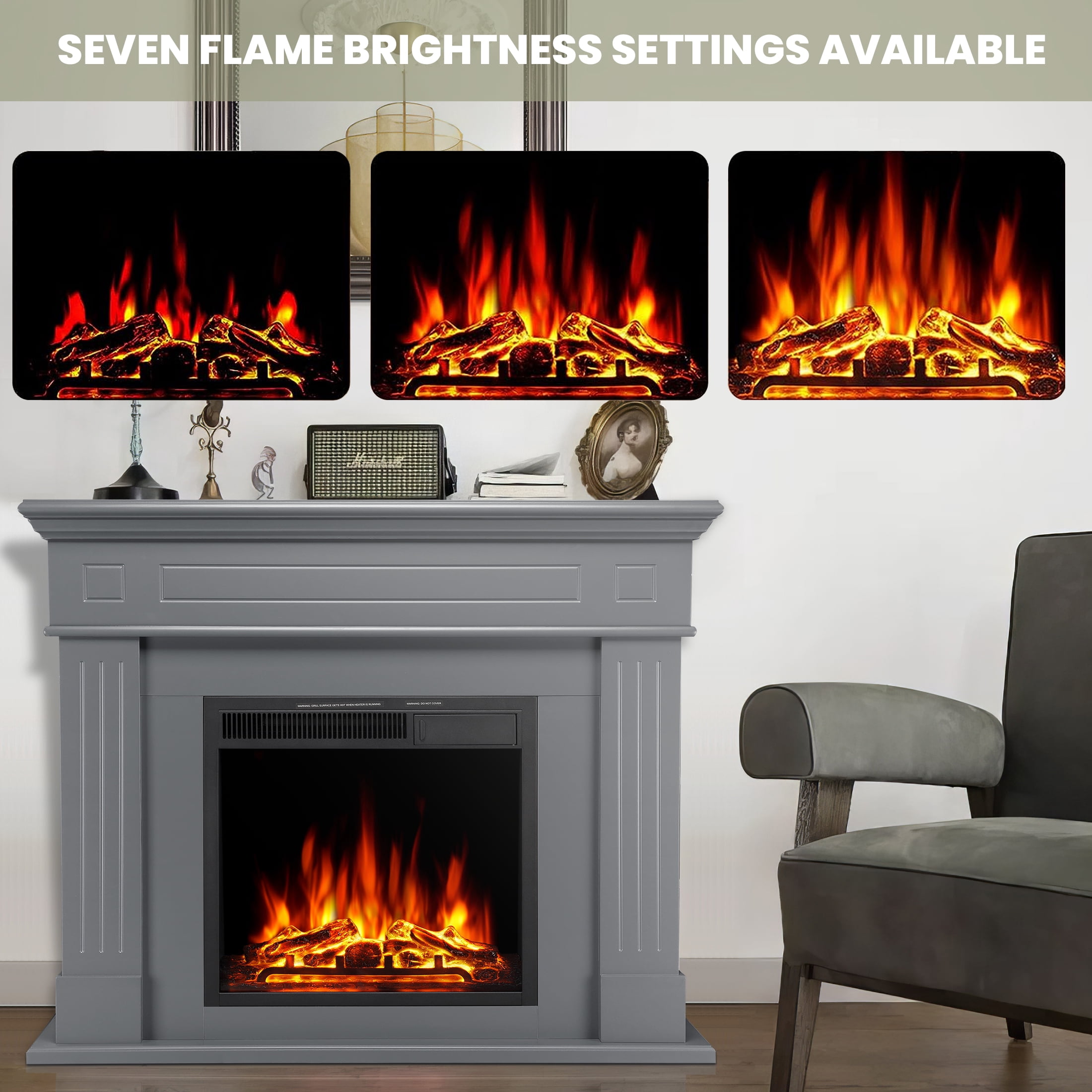 KISSAIR Electric Fireplace Mantel Package Wooden Surround Firebox TV Stand Free Standing Electric Fireplace Heater with Logs, Adjustable Led Flame, Remote Control, 750W-1500W, Grey