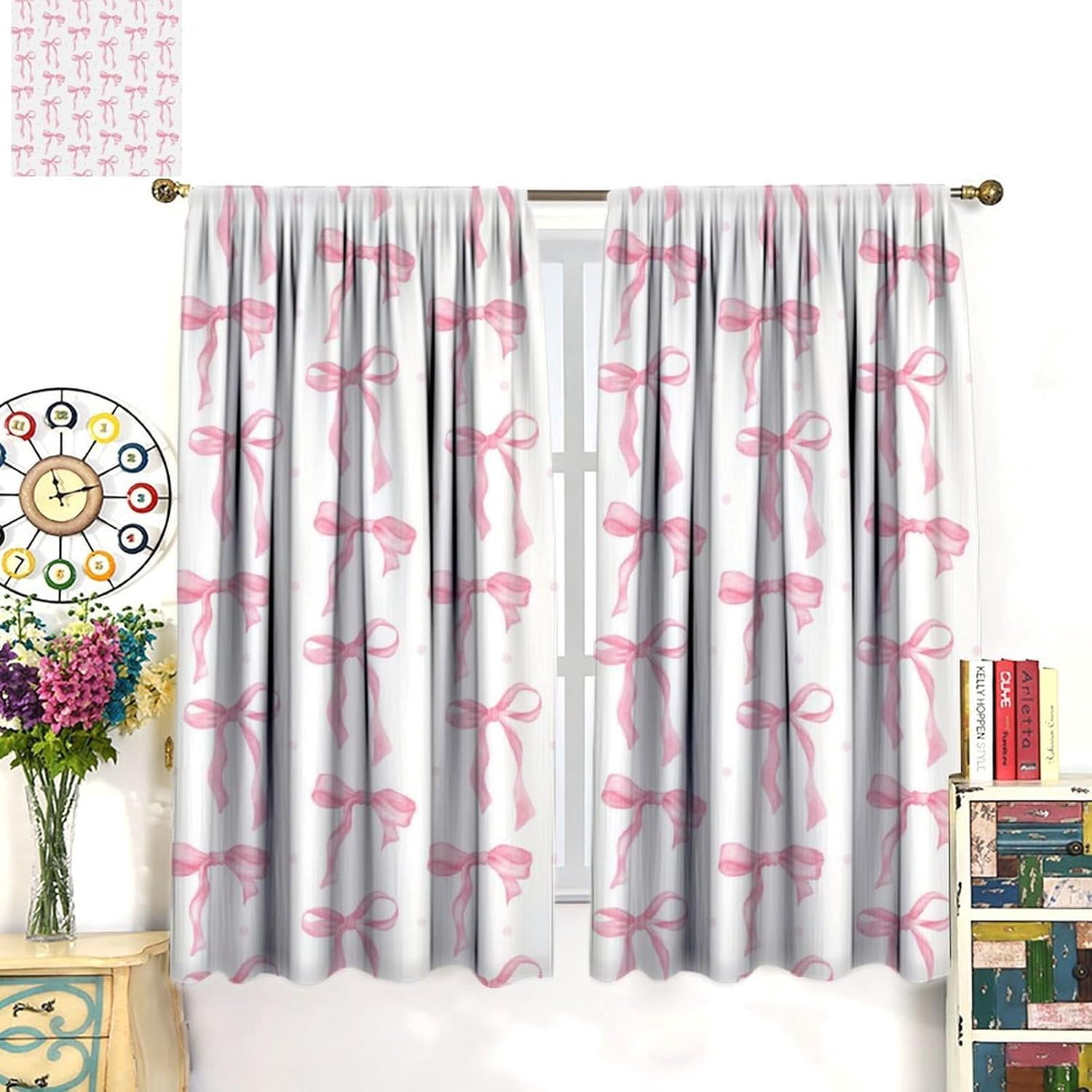 Pink Bow Curtains, Watercolor Cute Girls Pink Bow Modern Aesthetic Print Window Treatments for Kids Girl Bedroom Bathroom, 42x54in (No )