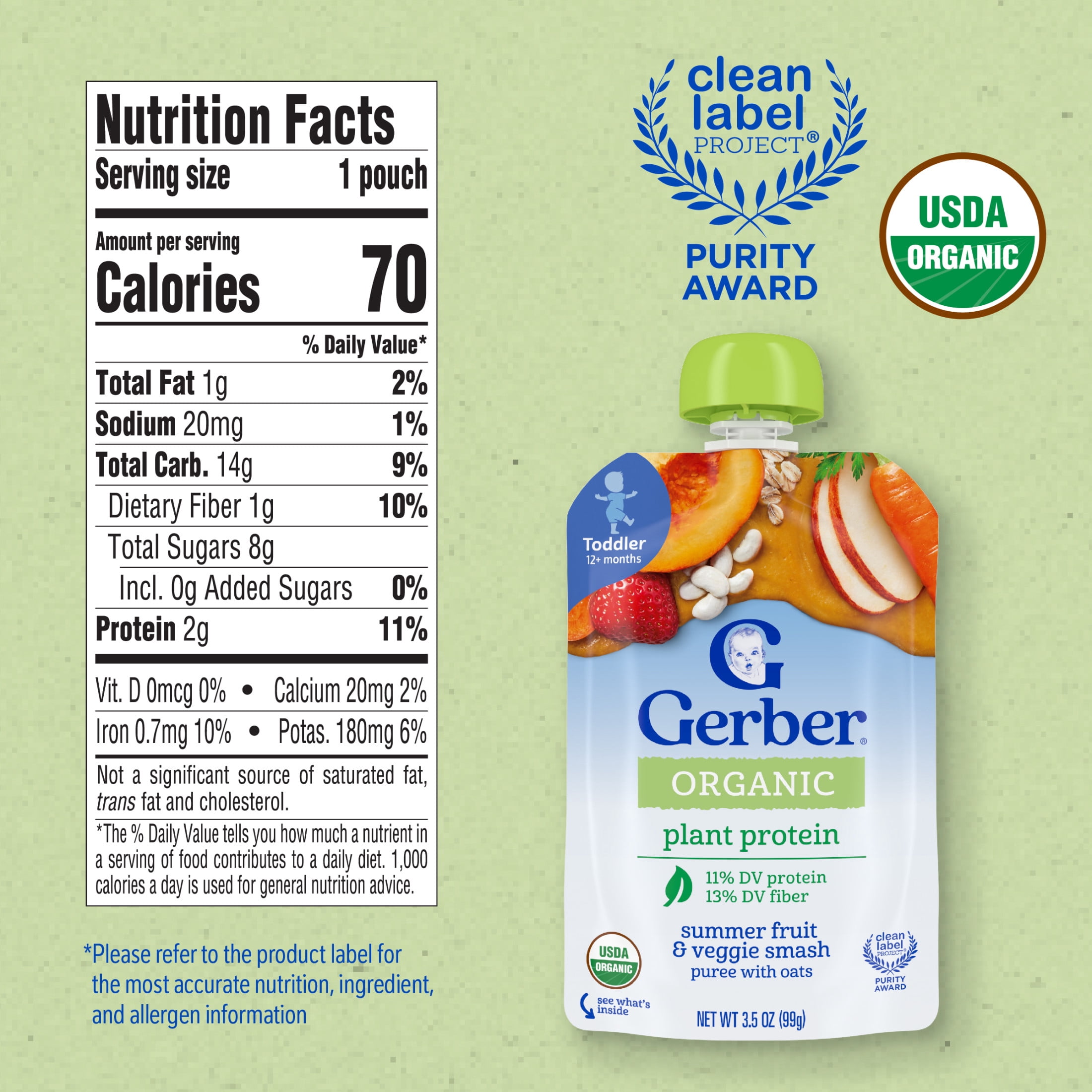 (3 pack) Gerber Organic Plant-tastic Toddler Food, Summer Fruit & Veggie Smash, 3.5 oz Pouch