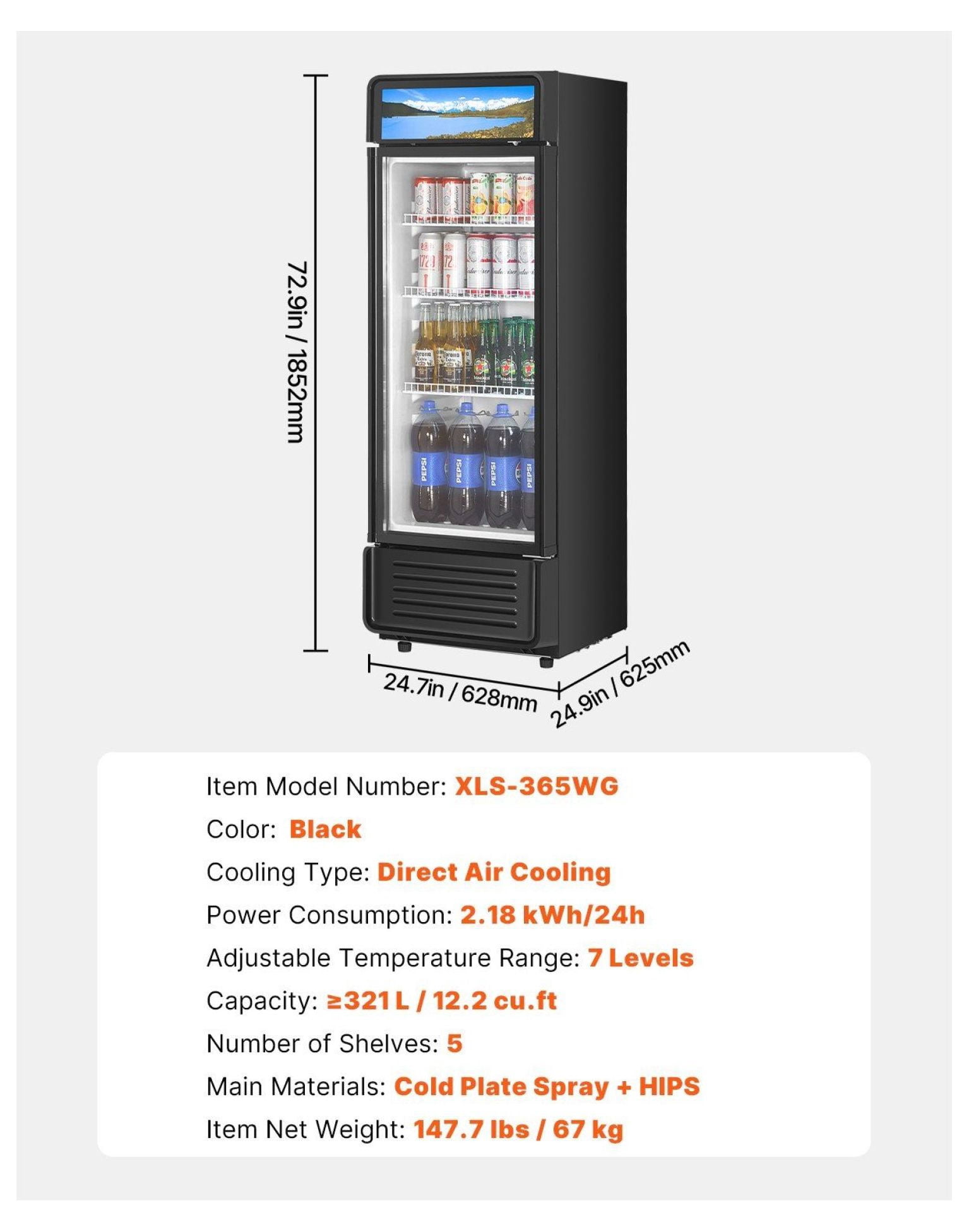 Commercial Refrigerator 12.2 CU.FT Glass Door Display Cooler, Beverage Refrigerator Merchandiser, Adjustable Shelves, Frostless, LED Lighting