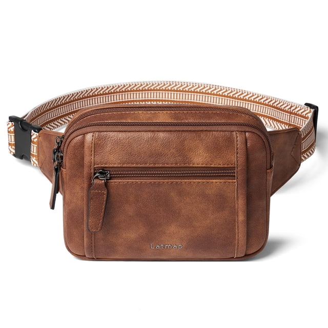 Riñonera LATMAP 3L con triple cremallera, unisex, piel sintética marrón