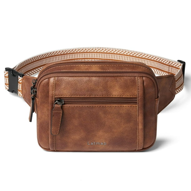 Riñonera LATMAP 3L con triple cremallera, unisex, piel sintética marrón