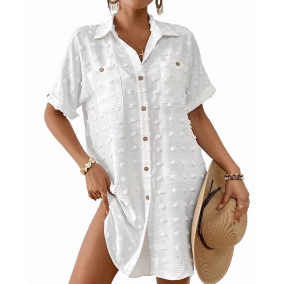 Bsubseach Fashion Women Beach Cover Ups Swiss Dot Shirt Dresses Button Down Swim Coverup Vacation Outfits