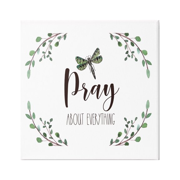 Stupell Industries Pray About Everything Dragonfly Insect Laurel Branch Crown,36 x 36, Design by Elizabeth Tyndall
