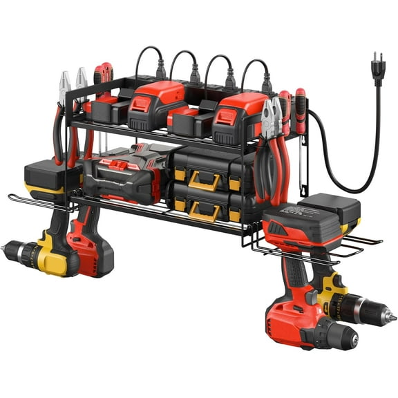 Garage Tools Storage with Charging Station. Power Tool Battery Organizer Utility Shelf with Power Strip. 4 Drills Holder Wall Mount Rack, Black.