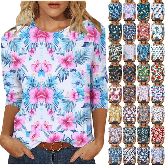 Purcolt Women's Floral 3/4 Length Sleeve T-Shirts Casual Crew Neck Tunic Tops Summer Beach Vaction Tee Tops