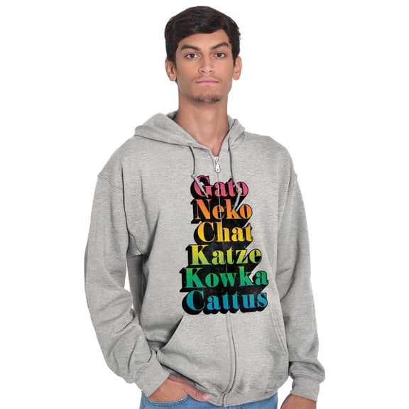 Cat Translation Around the World Unisex Fleece Graphic Zip Up Hoodie Brisco Brands 2X