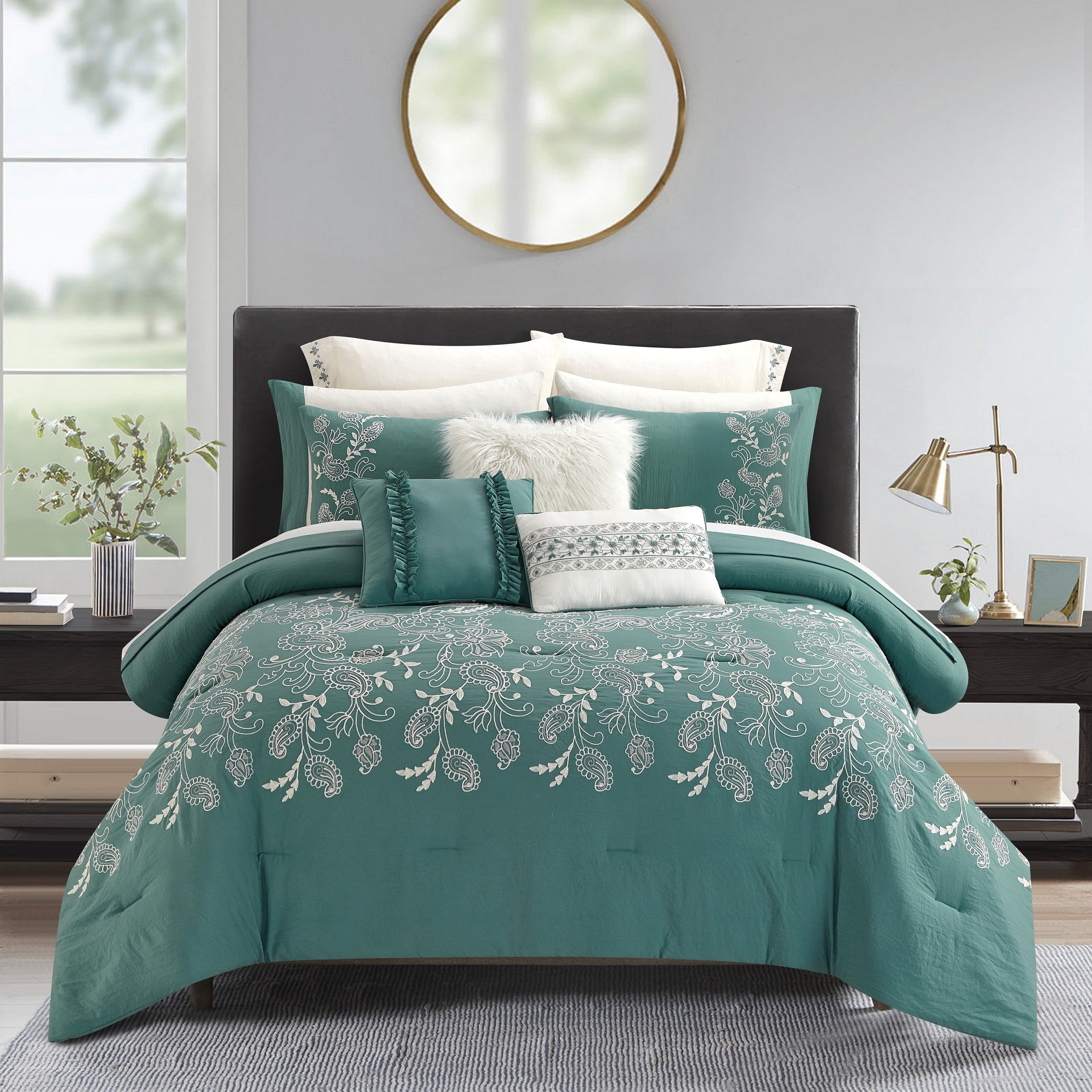 Bedding Set 8 pc Bed in a Bag Grey & Teal with Sheet Set Full Queen King Twin 