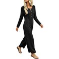 thumbnail image 4 of TEAJOPSUU Womens Waffle Knit Jumpsuit Long Sleeve Button Henley Neck Wide Leg Long Romper with Pockets Casual Loungewear Black, 4 of 7