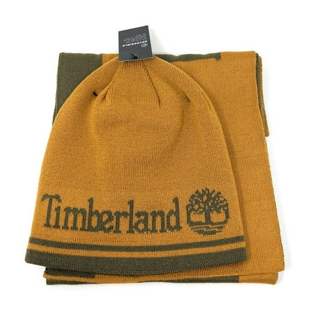 Timberland Men's Logo Jacquard Reversible Scarf Muffler & Beanie Hat Set, Brown