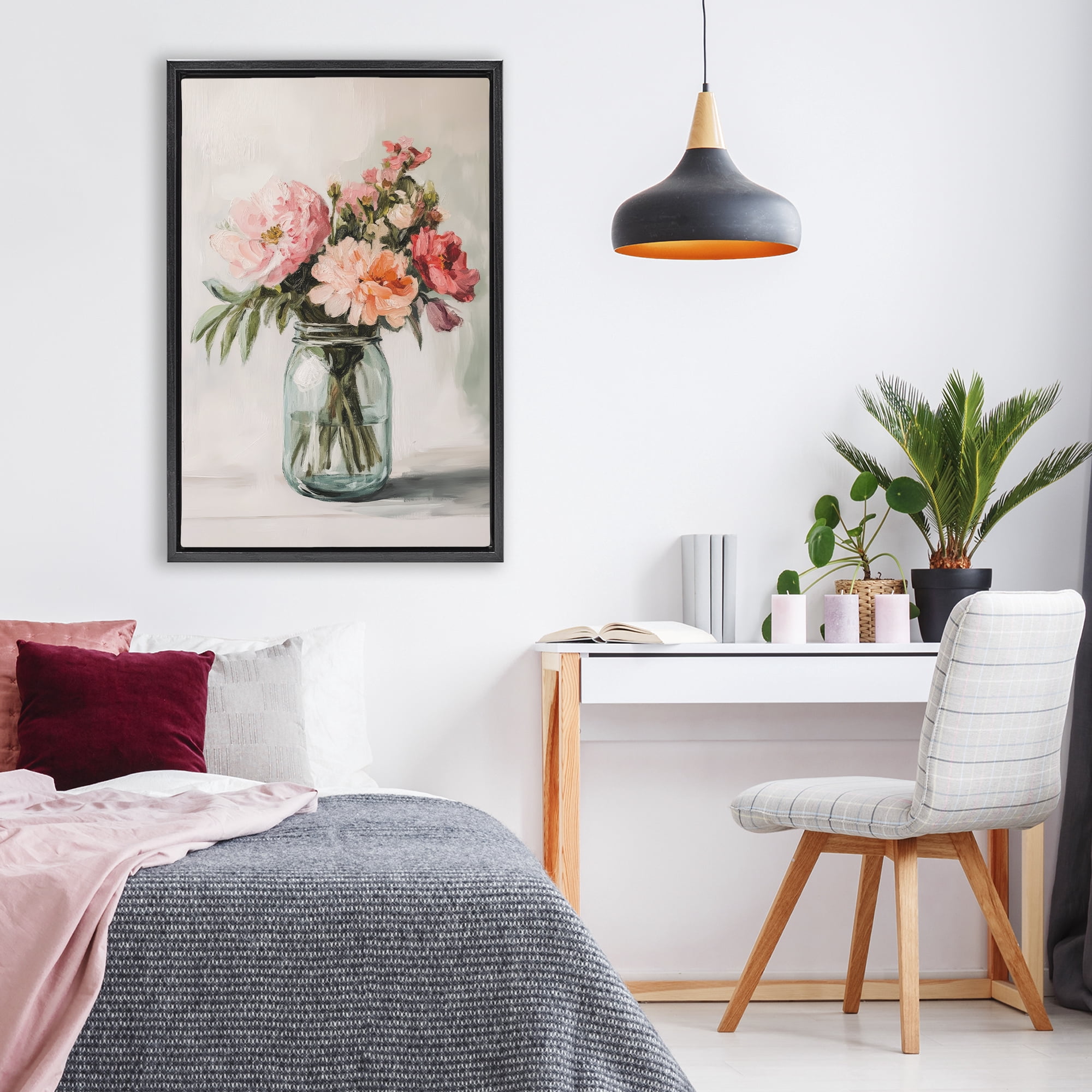 Stupell Industries Pink Flower Stems in Jar Black Framed Floater Canvas Wall Art, design by Petal Prints Design
