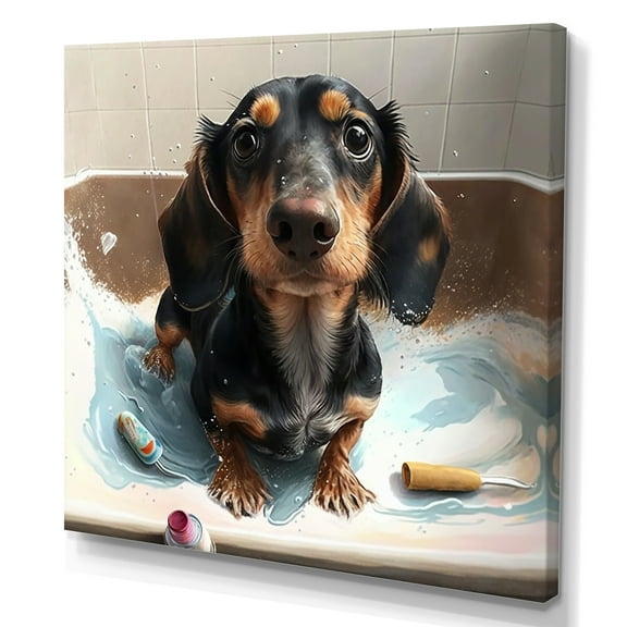 Designart Funny Black Daschund Dog Taking A Flower Bath I Canvas Wall Art