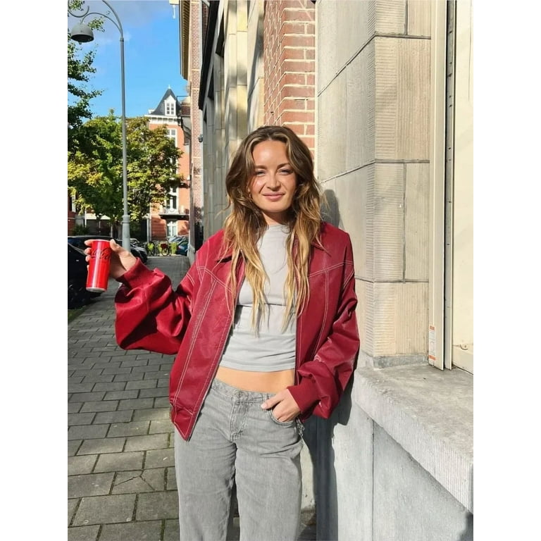 Fashion Lapel Contrast Stitching Red Jacket Women Loose Long Sleeve Zippered Leather Coat 2024 New Chic Female Street Outerwear Walmart