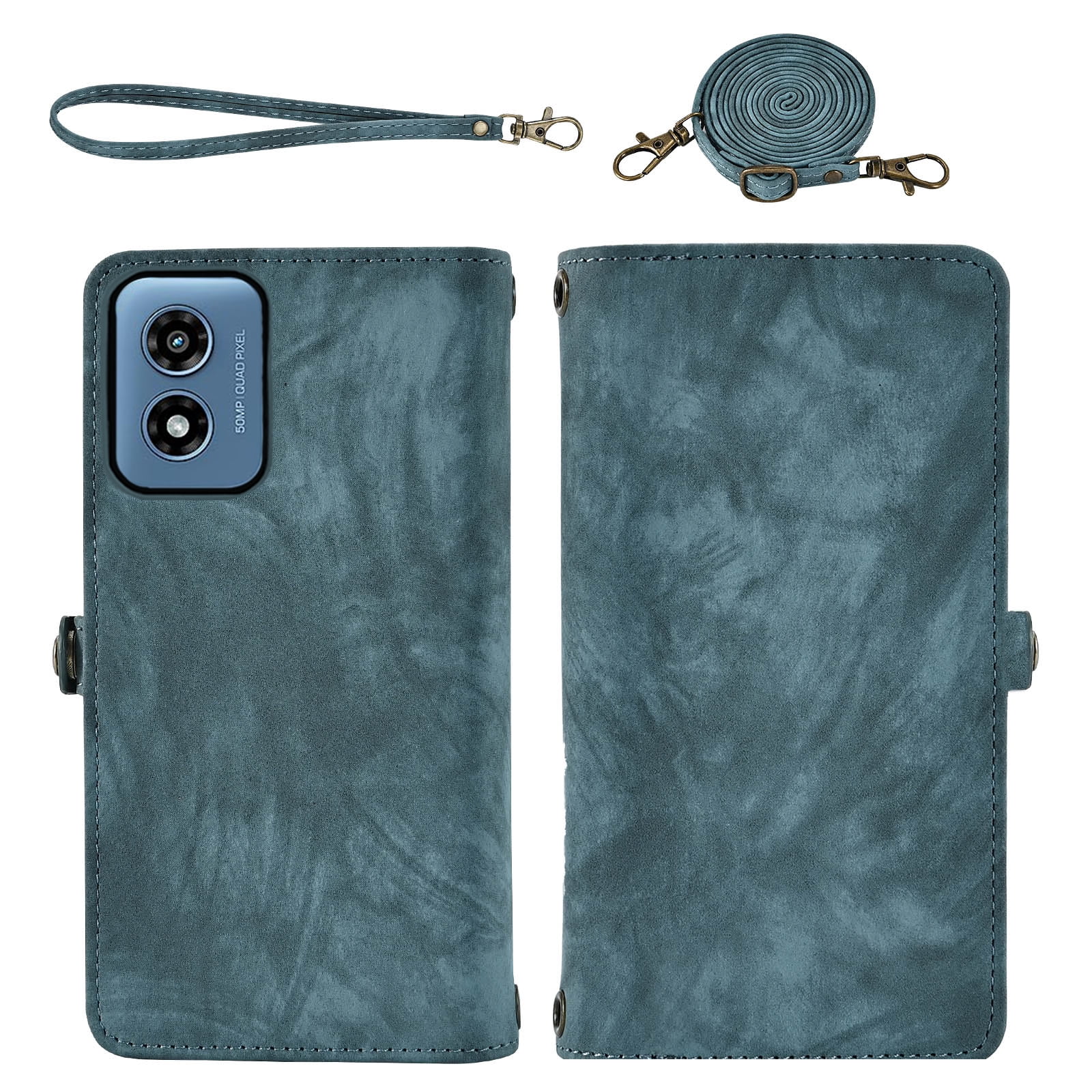 Asuwish Phone Case for Motorola Moto G Play 4G 2024 Zipper Wallet Detachable Cell Cover with Tempered Glass Screen Protector Crossbody Lanyard Strap Flip Card Holder XT2413V XT2413-1 64GB Women Blue
