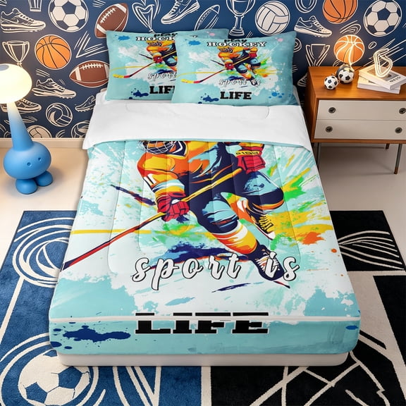 Erosebridal Sport Hockey Zipper Twin Comforter Sets with Fitted Sheet and 2 Pillowcases,Graffiti Splash Zipper Bedding Set,Cyan Orange Blue