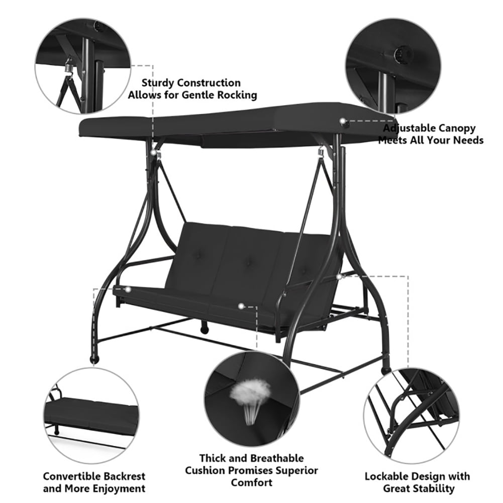 Aimee Lii 3 Seats Converting Outdoor Swing Canopy Hammock with Adjustable Tilt Canopy, Swing Chair Outdoor, Black Aimee Lii 3 Seats Converting Outdoor Swing Canopy Hammock with Adjustable Tilt Canopy, Swing Chair Outdoor, Black