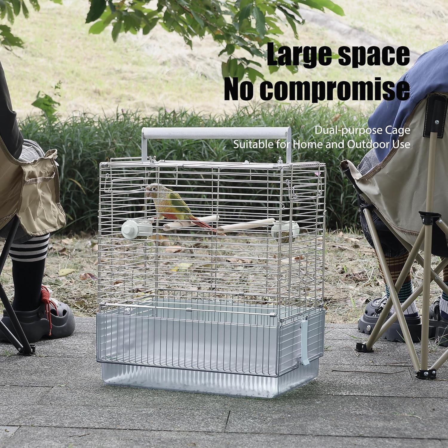 Stainless Steel Travel Bird Cage, 304 Portable Foldable Carrier for Parrots, Conures, Cockatiels, Parakeets – 17 Inch Large Birdcage with Aluminum Handle & Perch(Blue, Large Birdcage)