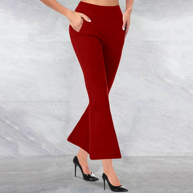 Xysaqa Women's High-Waisted Bell-Bottom Cropped Pants - Pockets & Stretch for Versatility S-XXL