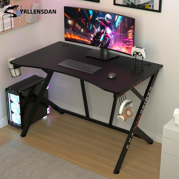 YRLLENSDAN Ergonomic Gaming Desk Table with Cable Management and Hooks, 45 Inch Large Gaming Computer Desk Table, PC Gamer Desk with R-Shaped Steel Leg, Black and Red