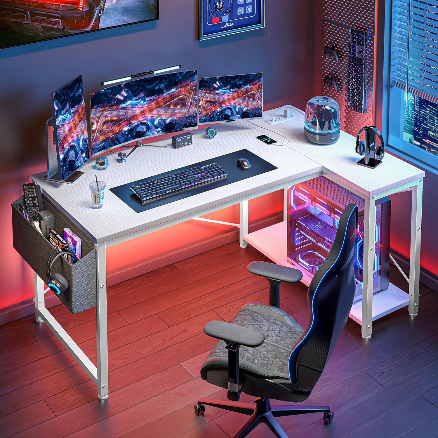 48 Inch L Shaped Computer Desk with Storage Shelves & Side Bag, Office Desk with Power Outlets, Small Corner Desk for Gaming Working Small Space Home Office Bedroom, Study Writing Table, White