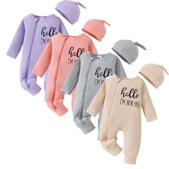 Emy Dola Newborn Baby Girl Ribbed Romper with Mittens Cuffts Infant Boy Long Sleeve Jumpsuit   Hat 2Pcs Coming Home Outfit-1 Pack