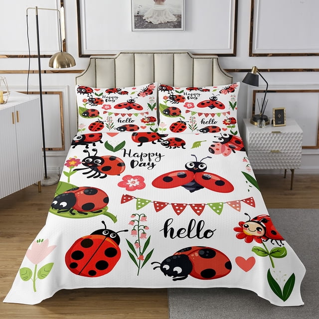 Cartoon Ladybug Queen Quilt Set for Kids Boys Girls Cute Insect Animal Coverlet Set, Pink Red Floral Flower Bedding Set Wild Ladybird Bedspread Set, Spring Garden Bed Quilt