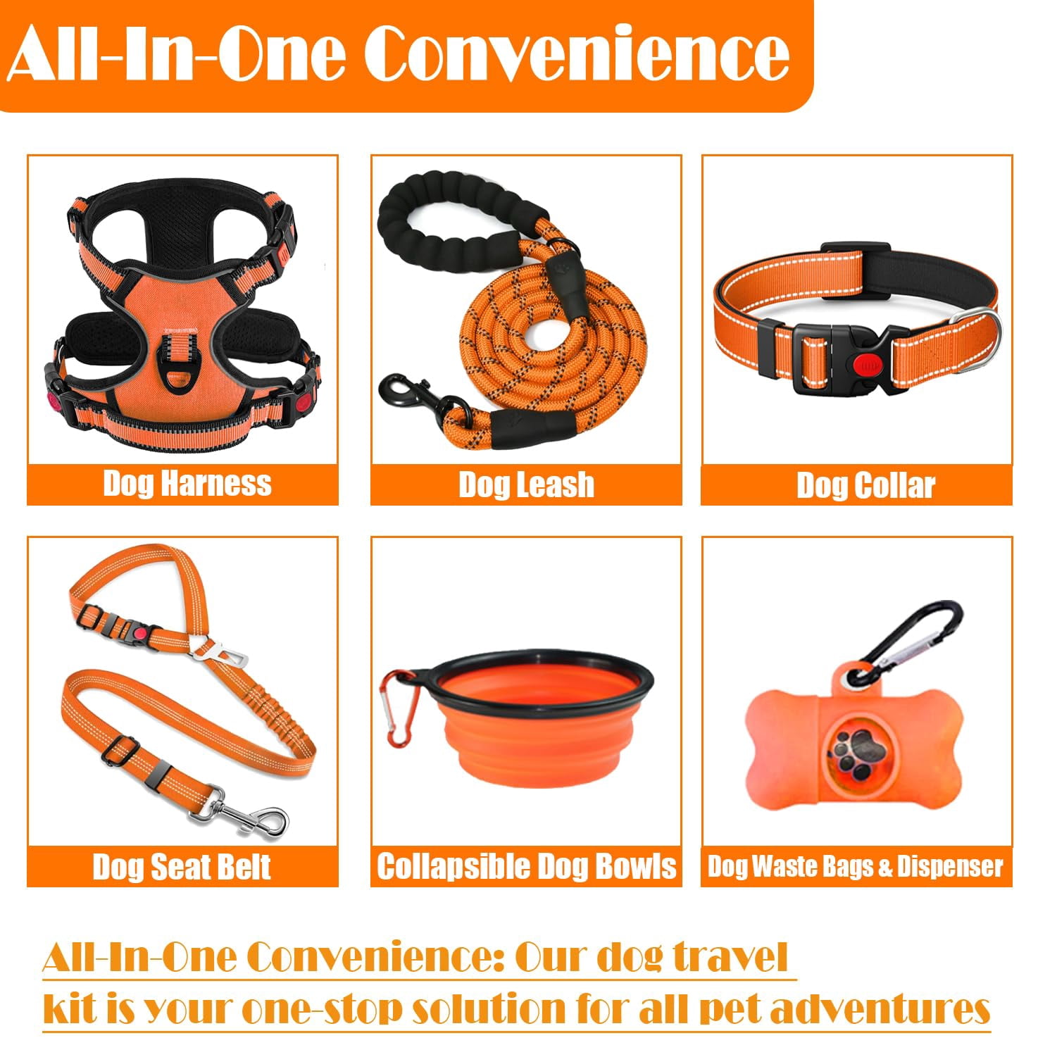 Small Orange No Pull Dog Harness and Accessory Set for Walking and Hiking