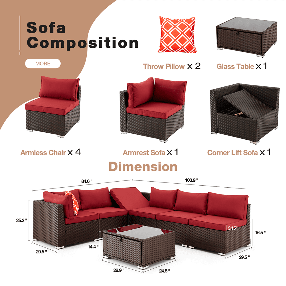 Orol 7-Piece Outdoor Sectional Wicker Patio Furniture Conversation Sofa Set, Wine Red