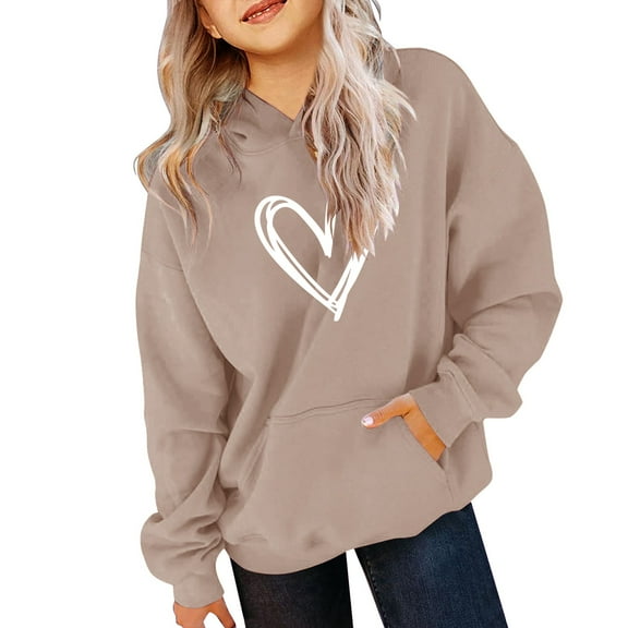 GiLiling Girls Preppy Heart Sweatshirt, Oversized Pullover Sweatshirt, Kids Fall Winter Long Sleeve Cute Trendy Hoodie (Khaki, 7-8 Years)